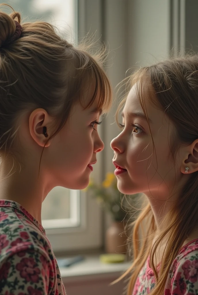Two cute young girls kissing for the first time