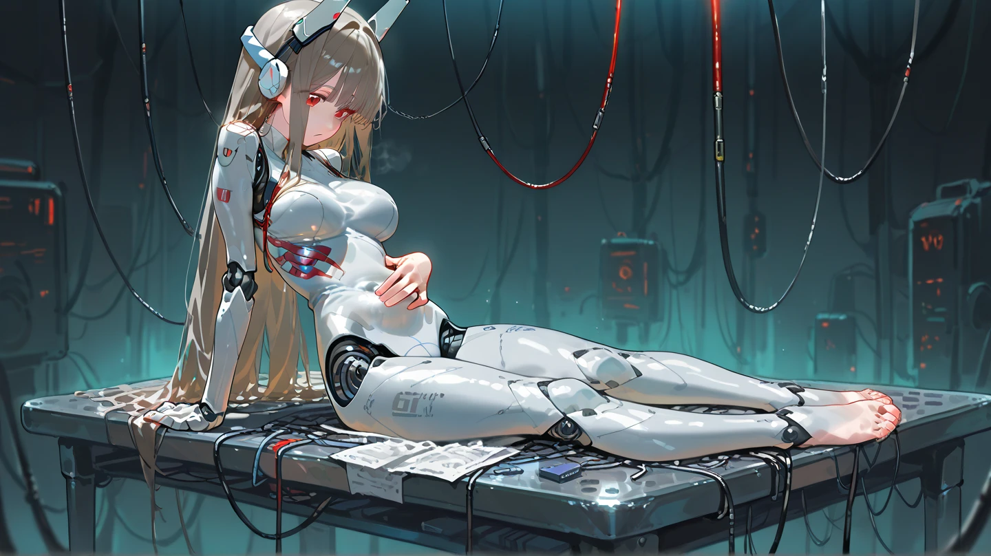 (((masterpiece))), (((highest quality))), ((Very detailed)), (Highly detailed CG illustrations), ((Very delicate and beautiful)),(Cute and delicate face),Light,((1. Machine Girl)),alone,whole body,(Machine made joints:1.4),((Mechanical Limbs)),(Muscles bulge),(Blood vessels are connected to tubes),(Brain in a container:1.3),((Mechanical vertebrae attached to the back)),((Mechanical cervical vertebrae attached to the neck)),((Sitting)),poker face,(Wires and cables attached to head and body:1.5),Small breasts,short hair,(Character Focus),SF,Lying down