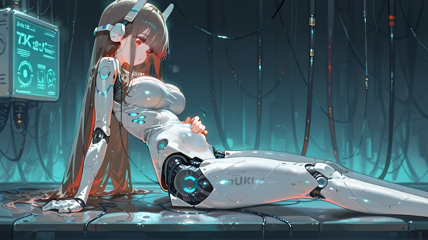 ((((masterpiece))), ((best quality))), ((ultra-detailed)), (CG illustration), ((an extremely delicate and beautiful)),(from side),cinematic light, ((1 mechanical girl)), single, full-body, (machine-made joint: 1.2), ( (mechanical limbs)), (blood vessels connected to tubes), (mechanical spine connected to back), ((mechanical cervical vertebrae attached to neck)), (sitting), forced laughter, (wires and cables around the neck: 1.2), (wires and cables on the head: 1.2) (character focus), sci-fi, extremely thin, colored, the finest white hair, red eyes, in battle, (knotted), (killing), (1 immortal)