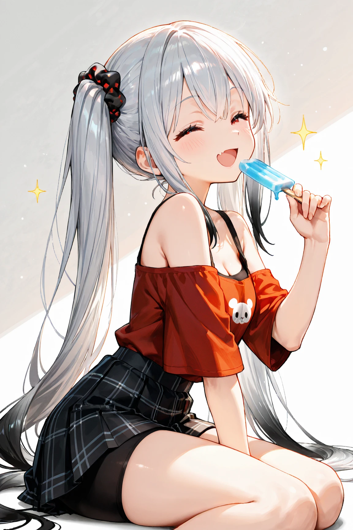 (wide view, full body, panorama:1.5), masterpiece, 8k wallpaper, absurdres, best quality, dynamic angle, detailed lighting, 1girl, charming, delicate, extremely cute, medium breasts, white hair, ahoge, long hair, super messy hair, detailed eyes, red eyes, (strapless top, shorts, super bored, blush, frown, mouth open, unhappy, sweat:1.2), licking popsicle, sitting on couch, hair clips, blush, bright lighting, detailed background, indoors, living room, couch, double window sliding doors, flower pots, shelves, wooden floor, lamps, carpet, paintings, windows, messy,