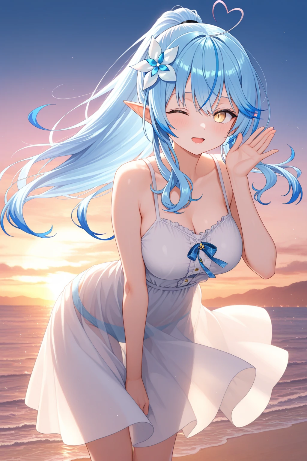 (masterpiece, best quality), 1 elven girl, ( bear breast), (light blue hair,twin tails ,Long hair is fluttering in the wind), hair between eyes,light blue hair,hair flower ornament ,(blush, smile, close eyes), open mouth, white fairly dress,
((((undone clothing)))), (Open the front of the dress chest very wide), large breasts,multi colored hair,pointed ears,view from right side,(Cruising the highway in a open car ) , (color of the open car is white), ( the open car has 2 seats), (the open car has no roof), (passenger seat is left side in the open car), Palm trees line the shoreline,(sitting in the left seat of the open car)