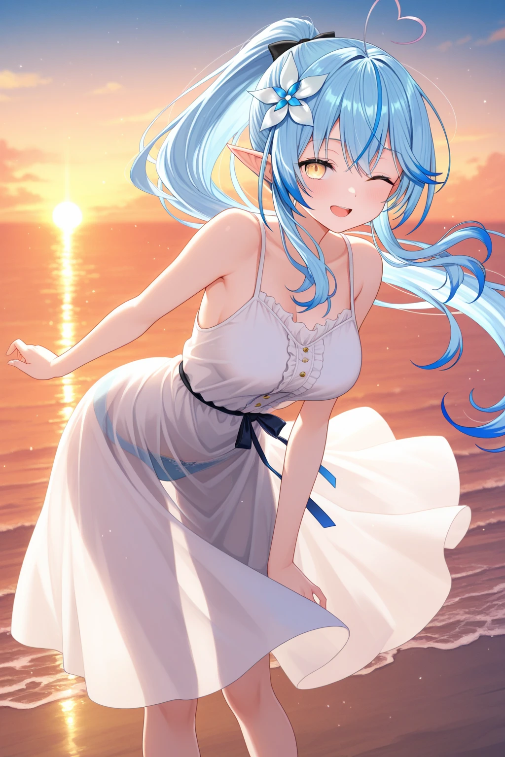 ((4K, master piece, Best Quality)), 1girl in, Light blue center part medium hair, Pony tail, Forehead, Pale yellow eyes, medium breasts, beutiful breast, Pure white dress, Smile, blush, Cute, ridge, sunny mid day, Sunlight