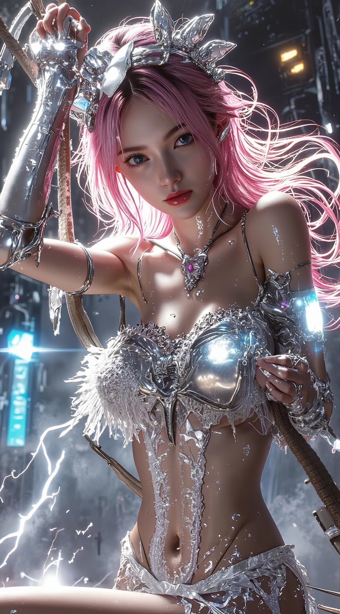 Official Art, Unity 8k wallpaper, ultra detail, masterpiece, best quality, one woman, (very detailed),(RAW photo, best quality),(realistic, photorealistic:1.3),high definition, opening your mouth lightly, ultra-detailed complex 3D rendering of face, (big breasts: 8.8), (highly detailed skin: 1.2), (exposure: 1.1), beautiful caucasian woman with big ass full soft breasts and white skinThe (topless), chest, black hair, blue eyes, long hair, ( ( ( transparent silk pink string micro bikini)), dynamic angle, mystical expression, fire glow effect, fantasy background, rim lighting, side light, cinematic light, ultra high definition, 8k, film grain,best shadow, light particles, detailed skin texture, detailed gem armor texture, detailed face, intricate details, super detailed, bright, strong, silver armor, cleavage, slender abs, have glowing weapons, have a shield, pole dron, (beautiful huge crown with detail)), shining eyes, long purple cloak, fantasy, (realistic),