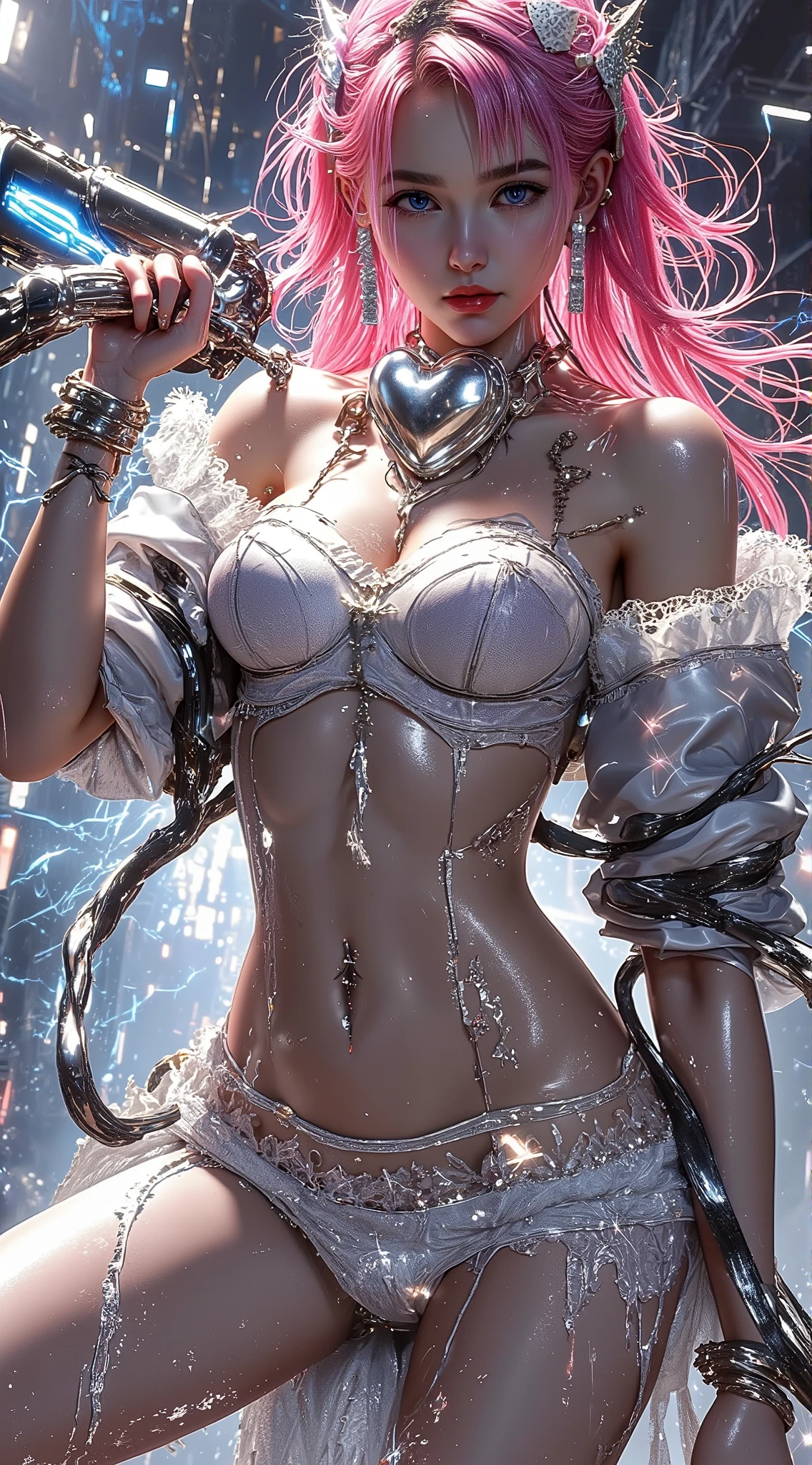 ((highest quality)),(ultra high resolution),(Super detailed),(detailed description),((best CG)),(best work of art),super precision art,great drawing art,(Fashion art with precise details:1.5), (1 woman:1.7),(beautiful and well-shaped face:1.5),((slim fashion:1.3)),(glamorous body:1.7),(cortch tattoo:1.3), (from below:1.2), sexy intricate dress, V string, full body, (Best quality, 8k, Masterpiece :1.3), (realistic, photorealistic: 1.37),  (Pretty woman in her 20s), (large breast), (emphasizing slender abs:1.3), (loose lace top, tight lace open crotch shorts that accentuate her big buttocks), (belly button:1.4), transparent top clothing,(random sexy pose), (looking at me), (wet body), (long hair, random hairstyle), (large breasts :1.3), (Ultra-detailed face), (desired temptation eyes),(Double eyelids), (eyeshadow intensifying), (many eyelashes), (long legs), (professional lighting), (photon mapping), (radiosity), raw photo:1.2, masterpiece, highest quality, 16k, unbelievably absurd, very detailed, perfect beauty, (double exposure vibrant pink silhouette:1.3), (layered vibrant silhouette:1.2), (beautiful feather wave, flowing dress, flowy golden long hair, (flowers:1.2), best image quality, masterpiece, super high resolution, (fidelity:1.4), movie, (torn lace clothes:1.5), (wet leather light colorful clothes:1.4), bare shoulders, sexy nodes, wet hair, official art, unity 8k, ultra detailed, beautiful and aesthetic, best quality,  (fractal art:1.3) , extremely detailed, dynamic angle, lace lingerie, underwear, elegant, a brutalist designed, romanticism, atmospheric, ecstasy of musical notes, streaming musical notes visible. attractive beauty seductive adult woman, white push-up lace bra, hair ornament, elegant and refined, sexy Succubus, hypnotized, with hanging breasts, pantyhose, mouth open drool trail coming out, drool puddle between cleavage, shiny lips, love juicy out,