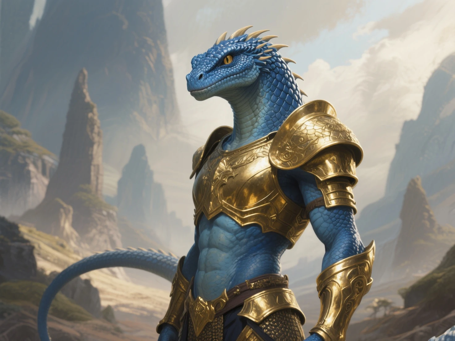 digital painting, male dragonborn reaver, reptilian skin, radiant color:blanchedalmond and pastel lemonchiffon scales, Heraldic Room \(room\) in a amazing scifi cloud city at the beginning of the multiverse<lora:EnvyStarlightDragonborn01:1>