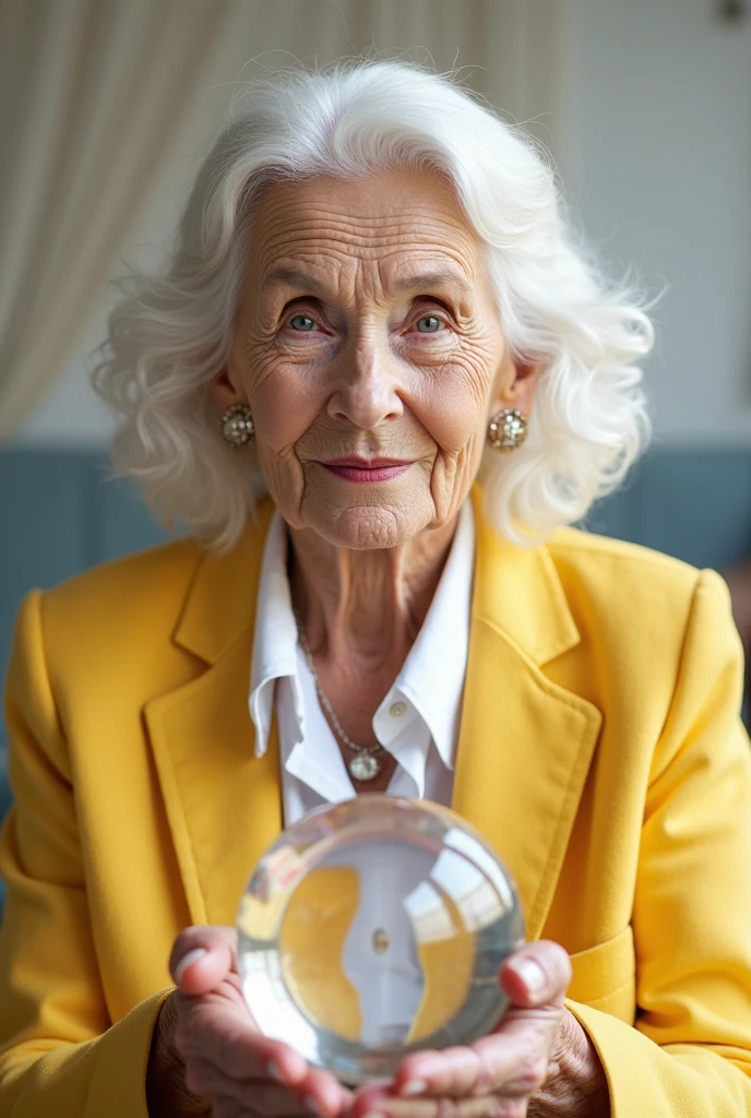 70 year old lady, crystal ball on the table, yellow clothes, l