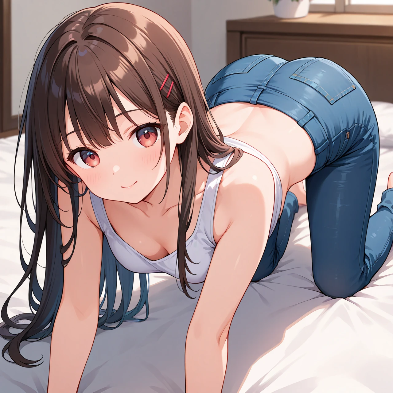 (masterpiece、top-quality、hight resolution、photos realistic、real looking skin:1.1)、1 Japan Girl、独奏、full bodyesbian、(very small breasts:1.5)、Beautiful eyes、Shining eyes、embarrassed from、short twintails、no bra、(Sheer white tank top:1.5)、(Fully exposed panties:1.5)、is standing、(arms behind back:1.5)、(Bedroom at night:1.5)、(Simple cotton panties:1.5)、nsfw