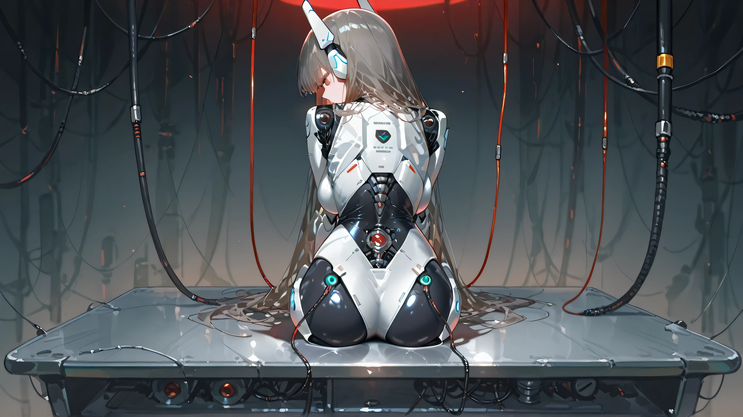 Cyberware, cybernetic lines, exposed mechanics, cable,cyborg, mechanical parts, robot joints,,nsfw, female head,long hair,cyborg style,cyborg,JK, soft large breast,master piece,best quality,ultra detailed,ultra hires,8k,beautiful detailed face,beautiful detailed eyes,cinematic lighting, good_hands,breasts, 1girl, shock, noticing, looking down in shame, craving, robot ears
, from behind,legs closed
Scene: a woman sitting on a metal table looking down lamenting a loss, inspecting crotch, frowning, one hand on belly, one behind back, cables are plugged into her back
Atmosphere: Android, neon, future, thin lines, no skin color
view from back
background: flickering red status screens, cables, machines, red light