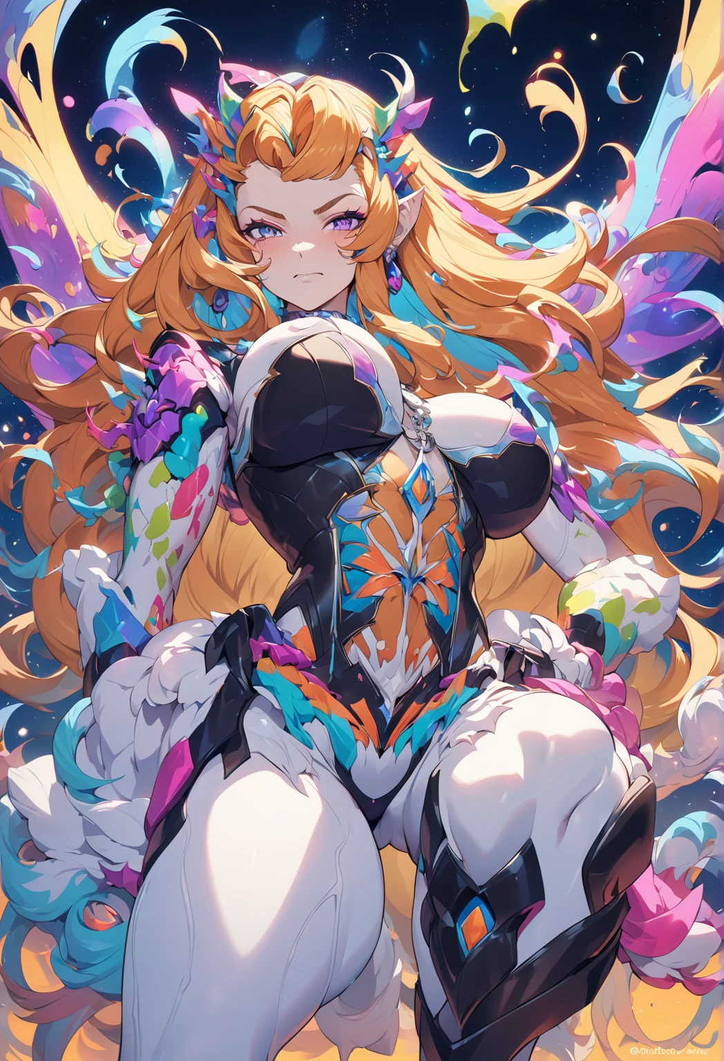 furry,a drawing of a cartoon character with hearts in her chest and butt, 1girl, breasts, one eye closed, long hair, animal ears, green eyes, thighhighs, blonde hair, solo, heart, navel, smile, open mouth, sweater, very long hair, pink hair, large breasts, underboob, white background, arm up