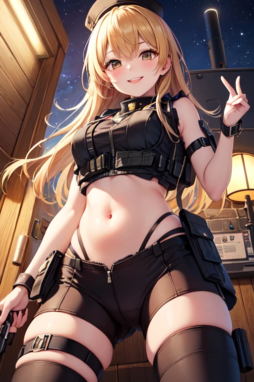 NSFW,Hololive,Kazema Iroha,Blonde,ponytail,hair ornaments,Headband,Bleaching,Haori,Belly button cover,Black gloves,Pleated skirt,Green skirt,White knee socks,Cleavage,Embarrassed,blush,Night Park,wood,Public toilet,(Perfect hands),(Perfect Anatomy),(masterpiece),(highest quality)