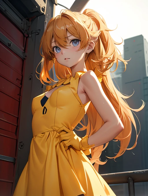 (perfect), 18 year old girl, beautiful detailed eyes, beautiful detailed lips, extremely detailed face, long eyelashes, serious expression, Souryuu Asuka Langley, interface headset, blue choker, yellow dress, FFA, low angle, leg up, sole, feet, looking at viewer, photorealistic, 8k, hyper detailed, masterpiece, digital painting, cinematic lighting, vivid colors, dynamic posing