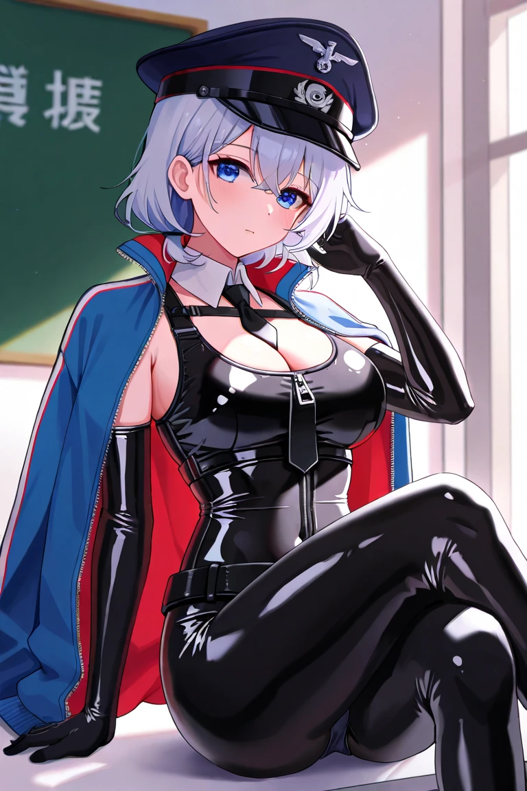 ((Masterpiece, top quality, super definition, ultra definition)), Solo, Full Body, (27-year-old Gothic woman in black leather German official uniform), wearing an army leather hat, (((Clear expression of body unevenness)), looking at the camera, (sitting with her back to the wall and bent knees), female body, nipple shape stands out, large breasts, red eyes, black bob hair, front zoom, horizontal seat, yandere, strong makeup, constricted pupils, deep shadows, SFW, dark, detailed hands, tall woman, sadistic smile, dynamic angle, scattered crotch, deep shadows, 8k resolution