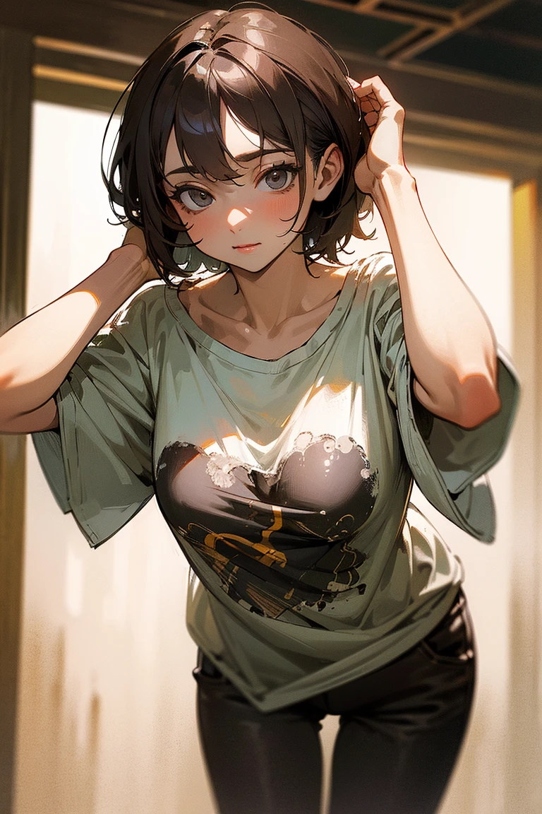 ((masterpiece)), ((best quality)), (Very detailed), Dark, Lovely , (contemptuous), (Exposing breasts), Messy short hair, Look away, White loose T-shirt, Printed shirt, (Loose clothing), vintage, ((Lean forward,)), 露出Lovely, Extended,Put your hands behind your head,shirt lift
