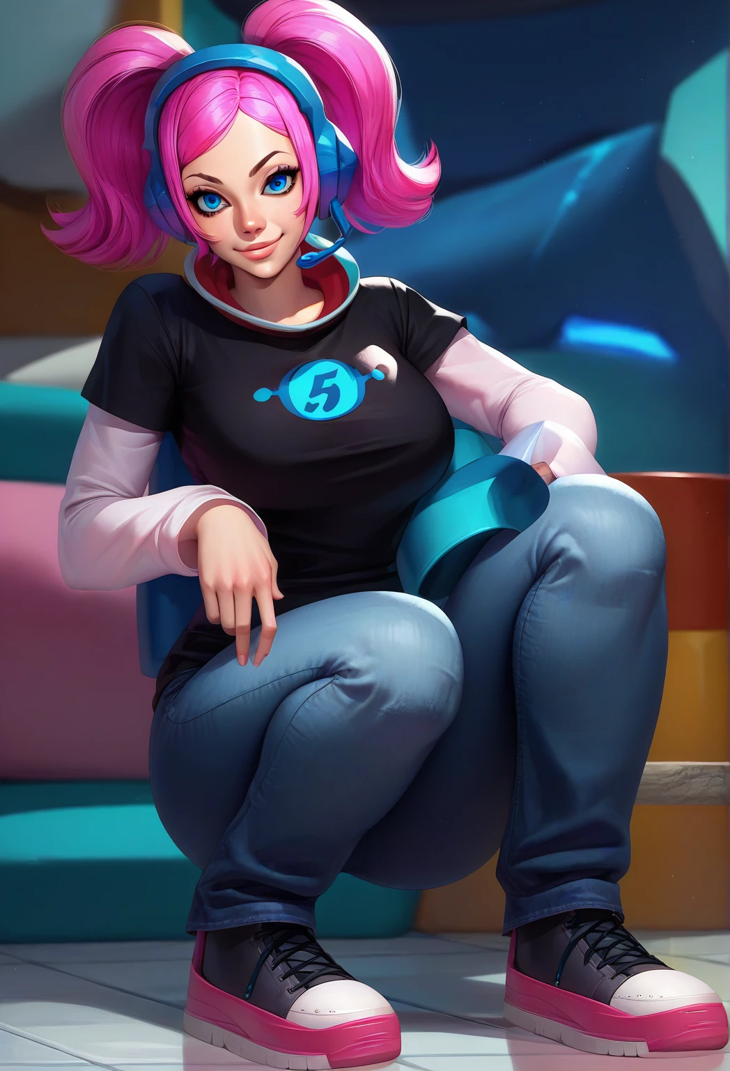 a woman with pink hair, fair skin, blue eyes, wearing a pink long-sleeved shirt, blue headphones, knee socks, strong legs. expression of joy, happiness, dynamic pose.