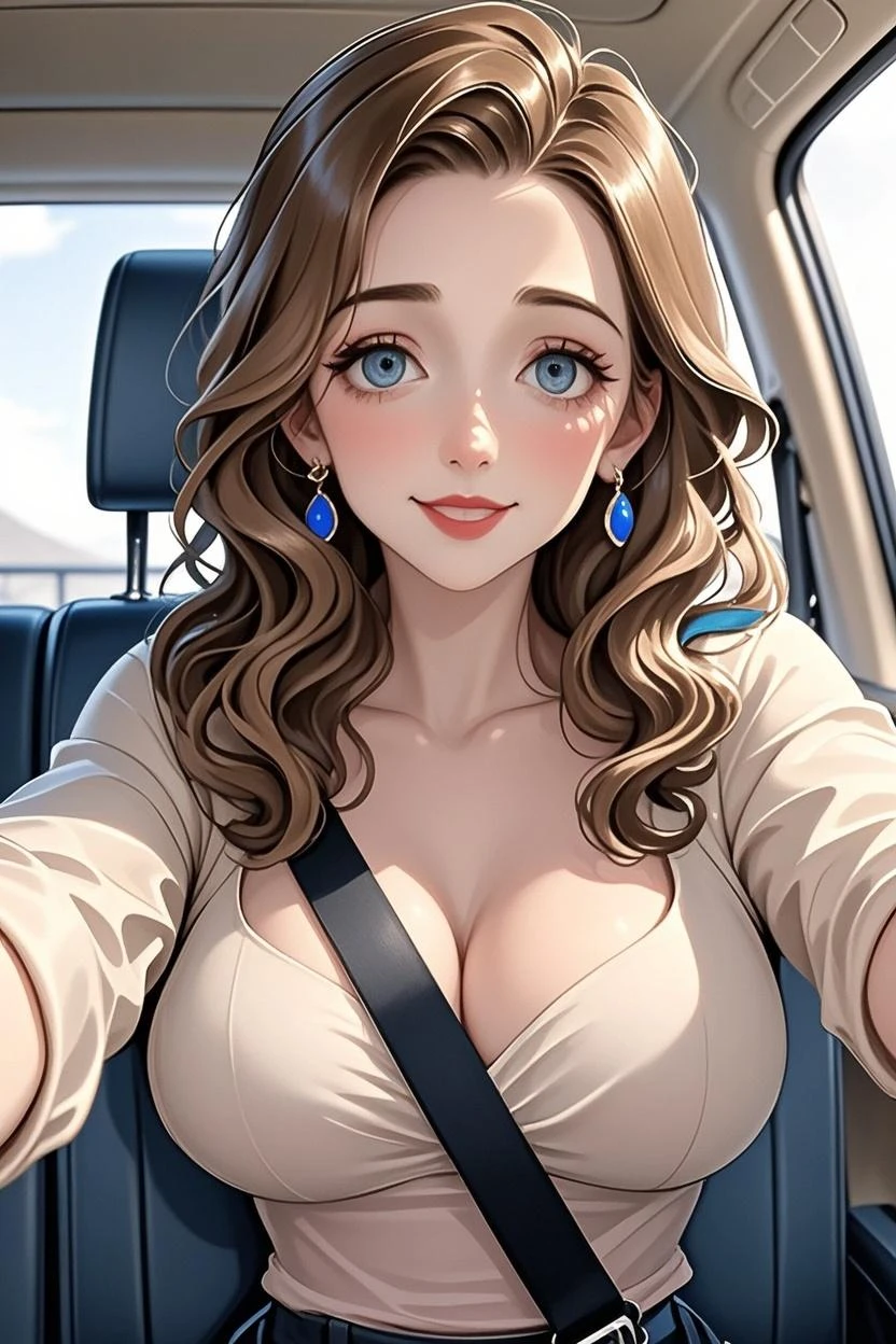 Selfie of a 21-year-old girl in a flirty and cute dress sitting next to an 85-year-old man, They are both inside a truck., They are inside a luxury car.., background inside a car, he is very ugly, selfie inside the car.