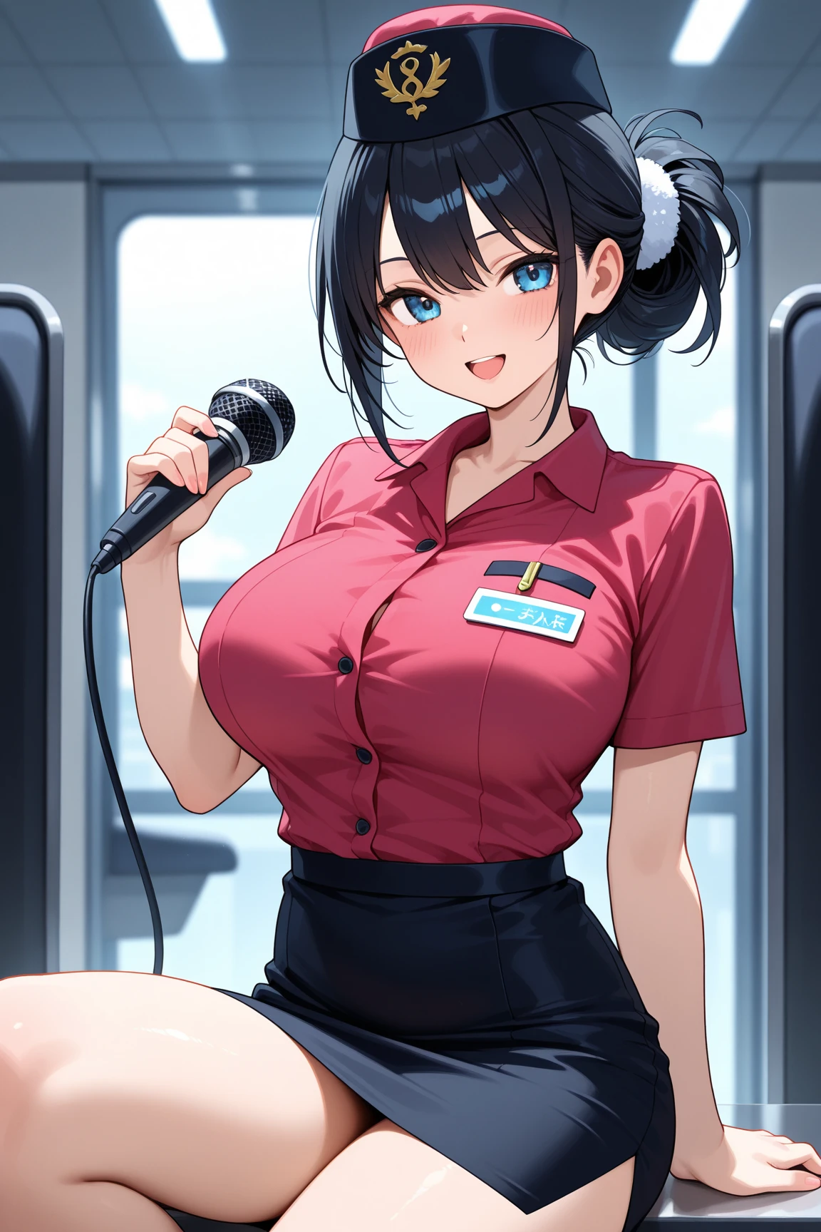 (masterpiece, best quality:1.2), sharp focus,
shiny skin, 1girl, solo,
<lora:MamaRPG:0.9>, MamaRPG,
red shirt, miniskirt, pencil skirt, shirt, skirt, tied shirt, black footwear, short sleeves, stomach, blue skirt, cleavage, collarbone, front-tie top, navel, midriff, ponytail,
light smile,
(huge breasts:0.85),
Steampunk Airship Control Room with Brass Instruments and Control Panels,
<lora:Mild detail adjusterV10:0.5>
