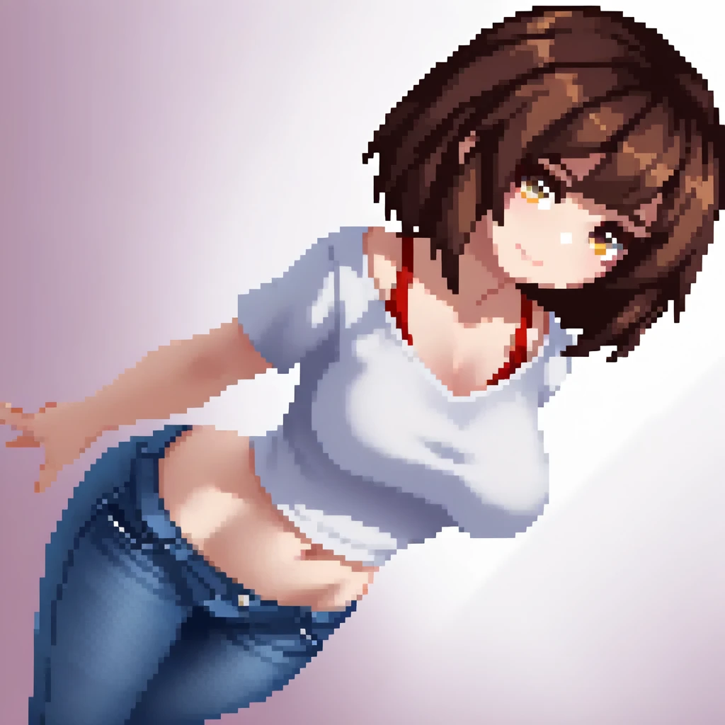 masterpiece,Small breasts,beauty,.Brown Hair,Very Short Hair,Black T-shirt,Holding a cigarette,Smiling,jeans