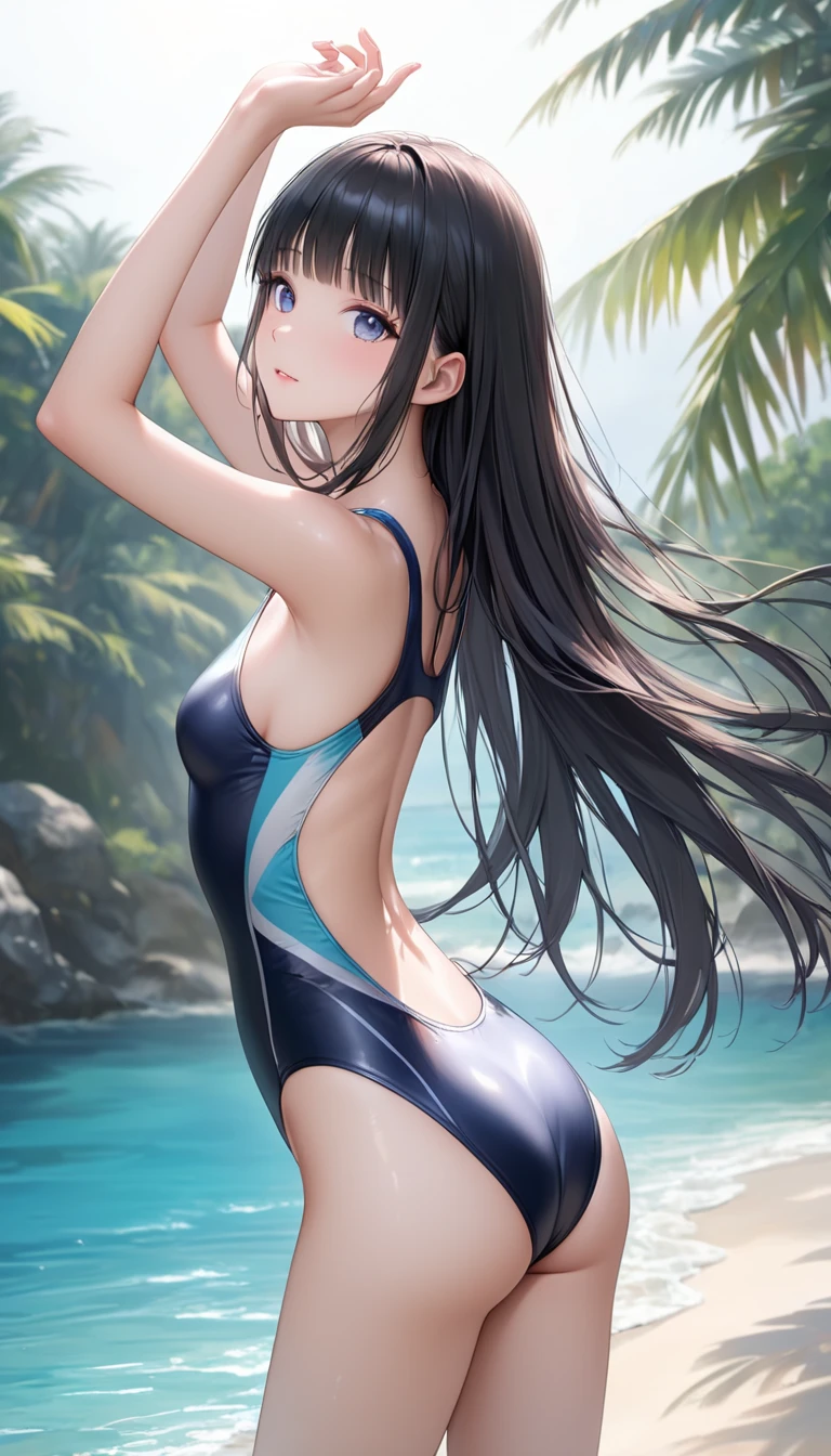 (((4K,masterpiece,best quality,ultra detailed,high resolution))),(daytime,clear weather,front light),((solo)),(beautiful woman),(black hair,long hair,blunt bangs,straight hair),(beautiful face,beautiful eyes),(finely detailed skin,fair skin),light smile,(one-piece competition swimsuit,navy swimsuit,wet-swimsuit),(beautiful lake,beautiful sky),(small breast,perky breast,small hip),((cowboy shot,from below)),cameltoe,