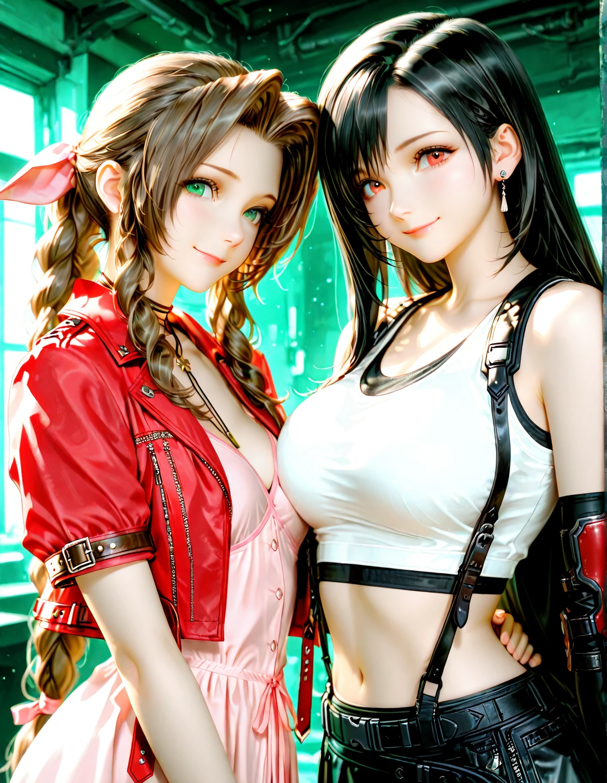Score_9, score_8_up, score_7_up, score_6_up, score_5_up, score_4_up, beautiful girls, reality, detailed eye,  Masterpiece, 2women, group photo, hairy armpit hair, sagging gigantic huge breasts, wide hip, immodest, see through dress, micro bikini, tiara, smile, princess, jewelry accessories, 8k, ultra HD, huge dark areolae, huge dark nipple, reality, detailed eyes, showing very hairy armpit hair, close up, upper body only, hairy stomach hair, thick makeup, hairy stomach, blonde, hentai, hand behind head, cute face, midriff, party, in castle, chandelier, long eyelashes, BREAK aerith Gainsborough, tanned skin, gyaru, straight hair, showing hairy stomach hair, small face, evening gloves, Tifa rockhart, pov, Final fantasy 7, 