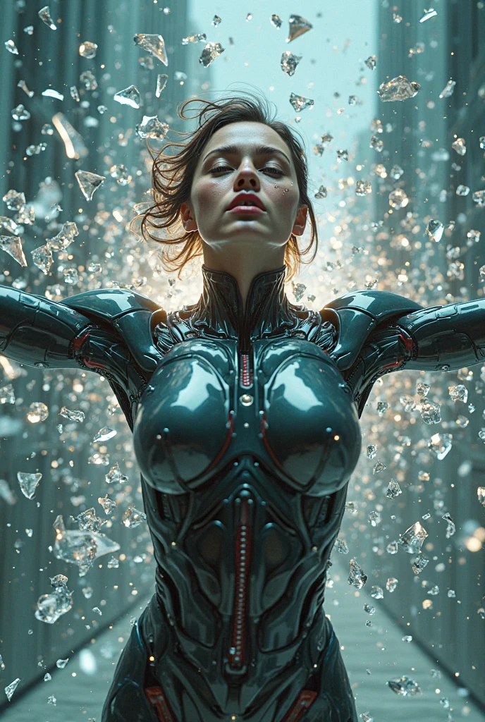 (best quality, masterpiece, perfect face, beautiful and aesthetic:1.2, colorful, dynamic angle, highest detailed face)((Full shot)), (highly detailed illustration), ((Chest covered)), ((1mechanical girl)), solo, (lucent nacre exoskeleton) ((upper torso hanging by gloing wires)), ((Hanging by glowing wires and glowing tubes)), (machine made joints:1.2), ((machanical limbs)), (blood vessels connected to glowing tubes), (mechanical vertebra attaching to back), ((mechanical cervial attaching to neck)), (sitting), (chest covered), (glowing wires and glowing cables attaching to neck:1.2), (glowing wires and glowing cables on head:1.2), (character focus), science fiction, extreme detailed, colorful,, 35mm, bokeh, 9:16, (intricate details, hyperdetailed:1.15), detailed, sunlight passing through hair (high contrast, official art, extreme detailed, highest detailed),, astronaut suit, intricate, walter white, highly detailed, digital painting, artstation, concept art, smooth, sharp focus, illustration, walter white, unreal engine 5, 8k, art by artgerm and greg rutkowski and alphonse mucha