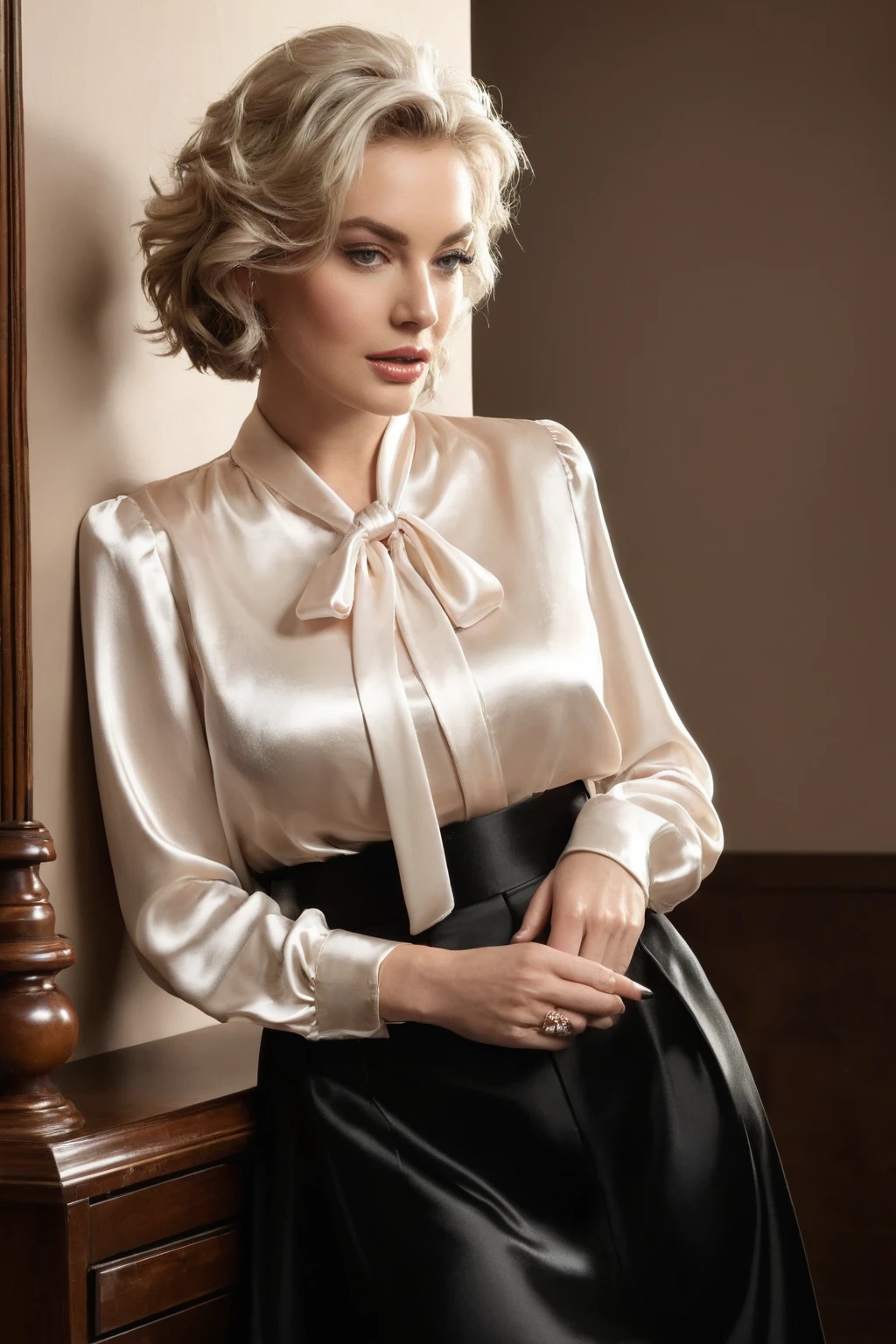 RAW photo of 50 years old Doutzen Kroes wear wear white jewel sweater and black mini cotton skirt, siting on the armchair, beautiful legs, sexy pose, hotel hall, beautiful woman, medium breasts, platinum hair, short short (bob haircut:1.2), wrinkles on the face,