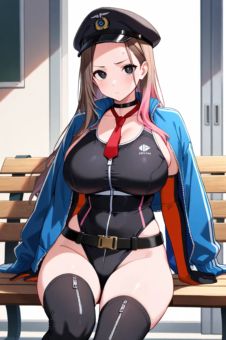 1girl, breasts, thighhighs, solo, mouth_mask, cleavage, mask, pink_hair, large_breasts, gloves, long_hair, looking_at_viewer, red_eyes, black_thighhighs, choker, twintails, boots, fingerless_gloves, skindentation, black_gloves, bangs, long_sleeves, collarbone, outdoors, hand_on_hip, shorts, thighs, black_choker, denim, knee_boots, night, hair_between_eyes