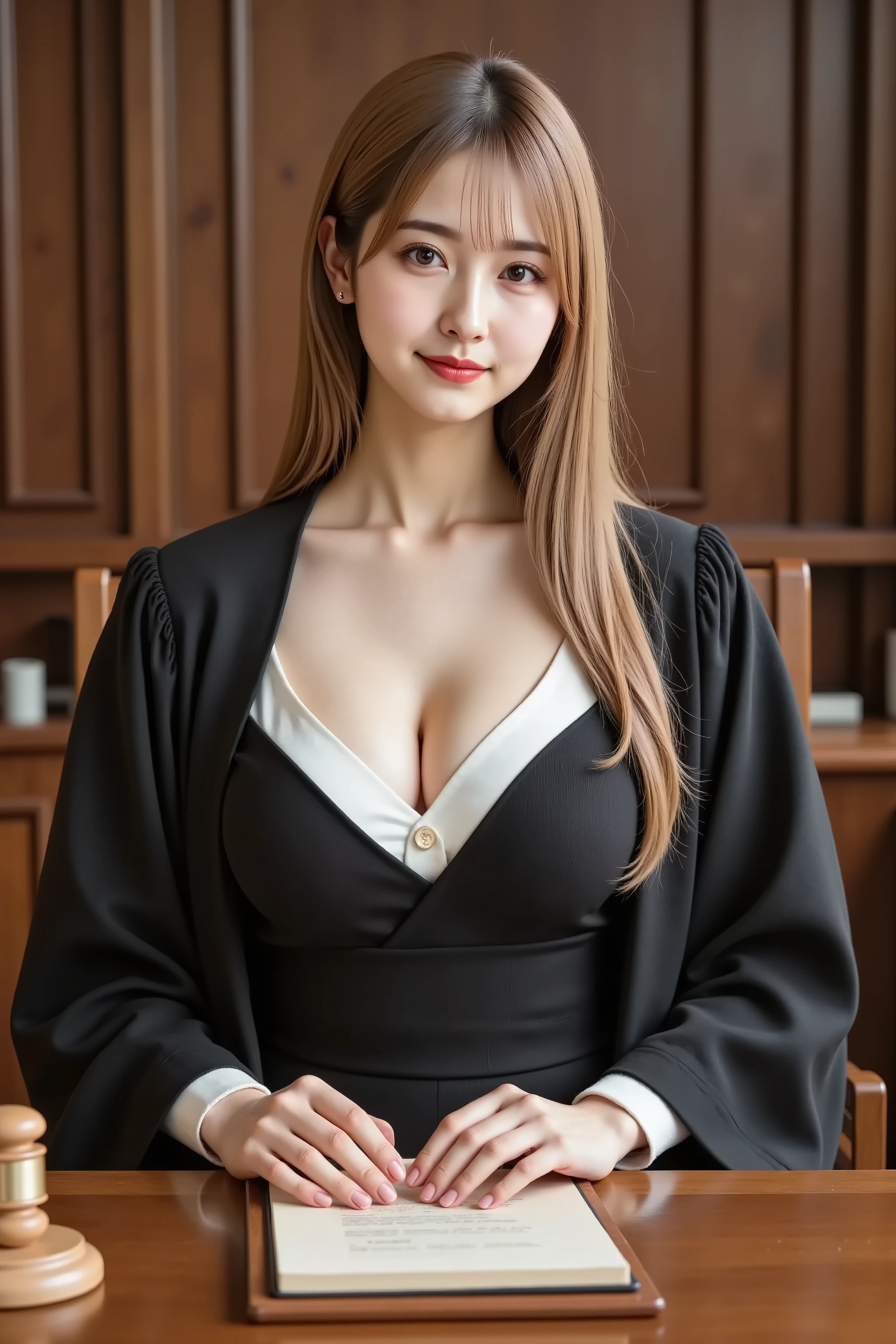 Catherine,hair styled in aplatinum blonde, gold hair, professional photography, masterpiece, high resolution, an upper body portrait of a 20-year-old poised and authoritative Japanese woman with a solemn, impartial, and thoughtful smail, sitting as a judge at the bench in a grand, wood-paneled courtroom. She has delicate Japanese facial features, a soft angular jawline, high cheekbones, a small refined nose, and large, incredibly intelligent and discerning eyes. Her skin is porcelain-smooth with a realistic texture. Her long, straight black hair is tied back in a severe, professional bun. She wears a traditional black judicial robe, which is worn open to reveal a crisp white V-neck blouse and a dark tight mini skirt. The blouse's neckline reveals her voluptuous, ample bust and a clear, deep cleavage, a subtle contrast to her authoritative attire. She rests her hands on a thick legal document on the judge's bench, a gavel lying nearby. The composition is a powerful and formal portrait, aspect ratio 2:3. Shot on a Canon EOS R5 with an 85mm lens at f/3.5, ISO 600, and 1/125s shutter speed. The lighting is dignified and slightly dramatic, coming from overhead lights that create a focused pool of light on her and the bench, leaving the rest of the courtroom in respectful shadow. The color palette is dominated by dark woods, blacks, and whites, creating a serious and formal mood. The level of detail is hyperrealistic, capturing the heavy texture of the robe's fabric, the grain of the polished wood, the fine print on the legal document, and her expression of immense gravity and fairness. The mood is authoritative, intellectual, and powerful.