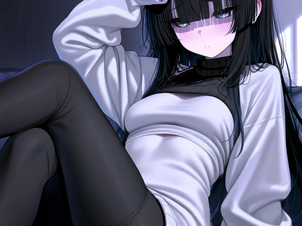 1girl, goth, black overalls, farmhouse, sitting on floor, breasts, black mesh shirt, eyeliner