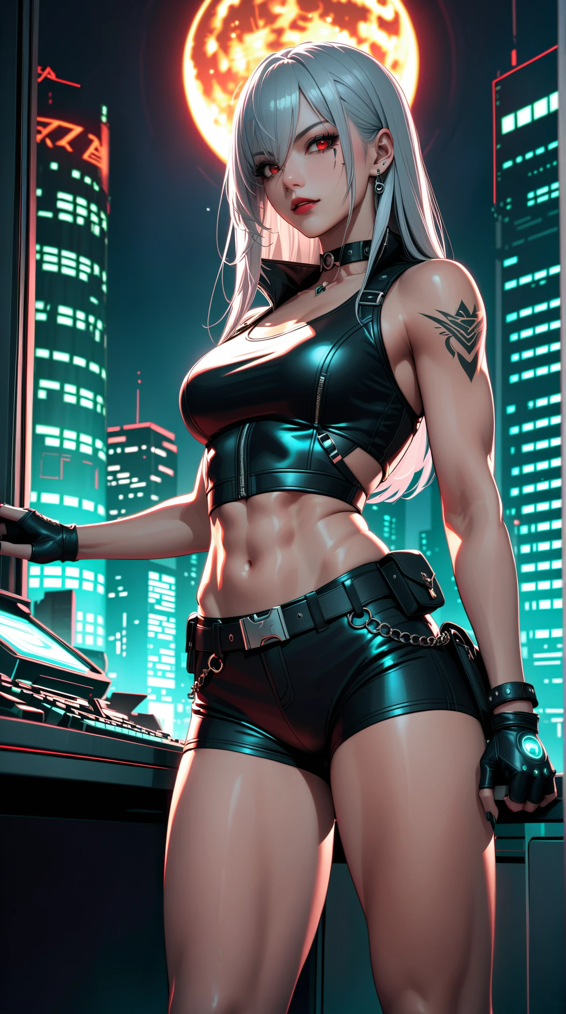 femme fatale, harness, rave bdsm outfit, harness leather, straps, (platinum blonde hair), (Neon hair), rave outfit, industrial punk rave, ((crowded dark dancefloor)), atmospheric, [[Victoria Beckham]], [[Kate Beckinsale]], [[[Jenna Coleman]]], [[[[Karlie Kloss]]]], Busty, cleavage, abs, neon hair, sexy, seductive, 
