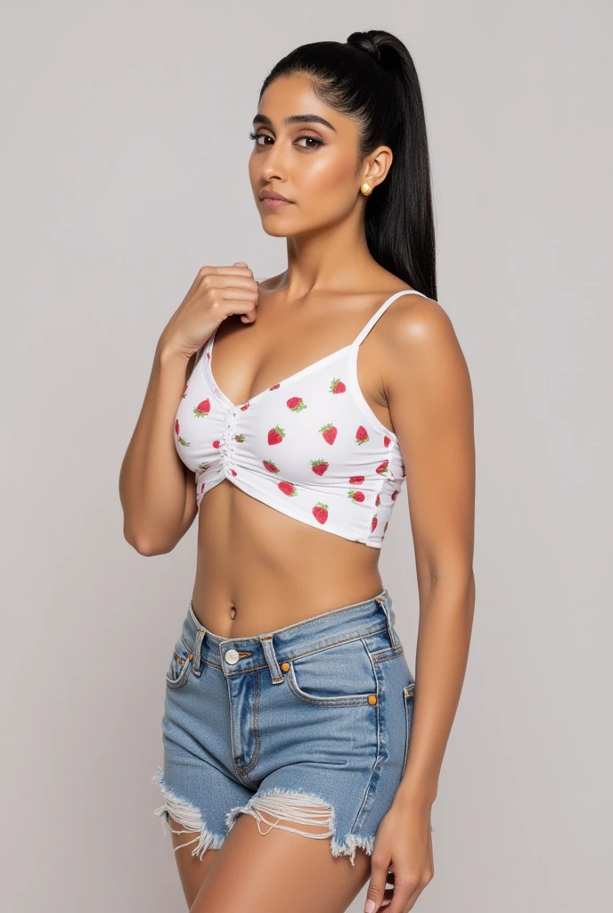 Girl, cotton shorts red and white tank top, full body, indonesian face, glasses