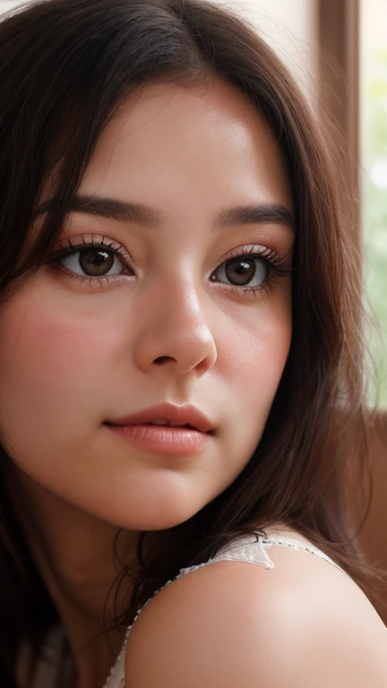 (((Ultra-high resolution、Close-up、Cute Japanese Woman)))、Long, straight black hair frames her face、So that every single hair is clearly visible、Depicts subtle color changes depending on the amount of light hitting the subject、The skin is white and smooth、Has a natural glow、Fine skin texture、Representing the fine details of pores、amountや頬に薄い赤みがある部分を詳細に、The eyes are almond-shaped and dark brown.、Fine details of the iris、Depicts color gradations and patterns、Long, natural-looking eyelashes, each and every one visible、Well-groomed eyebrows、indivual々The hair is clearly visible、Light reflects off into the eyes、Create small highlights、noseは繊細で、nose孔の細かいディテールがある、Lips are plump and naturally pink、Depicts the fine lines and soft curves of the lips、Shiny、Accentuate the shape、Detailed depiction of lip texture、Particular attention to the depiction of light and shadow、Soft natural light gently illuminates the face from the front、amount、nose、Creates a subtle glow on the cheeks、Shadows are cast softly along the contours of the face、cheekbone、Jaw Curve、noseの側面を強調、The gloss of her lips reflects the light faintly.、Emphasizes plump texture、The shadow of the hair adds depth and dimension.、indivual々The hair shines in the light、The background is simple and blurred.、Focus on the face、In the highest quality、Representing the utmost detail