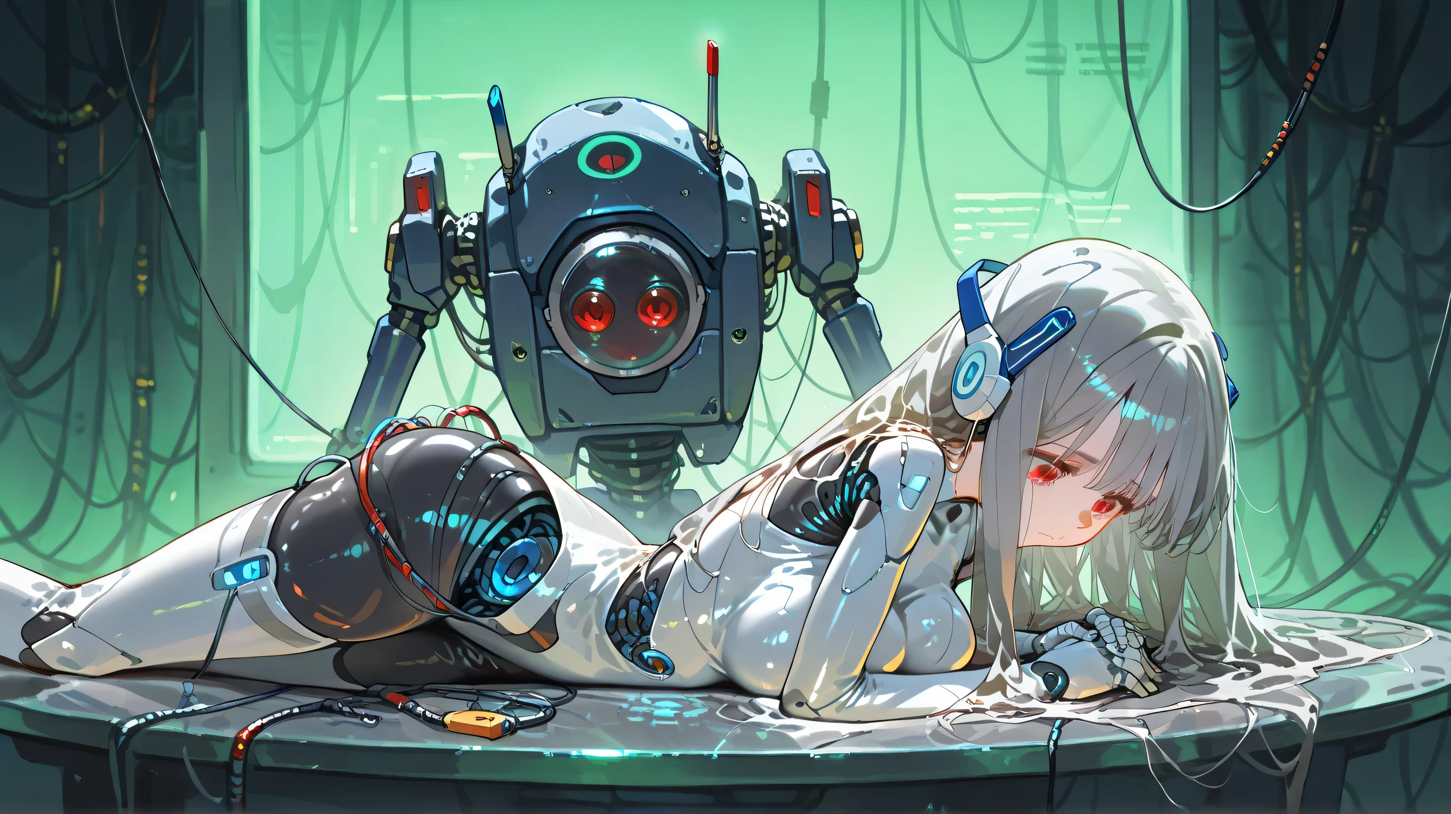 Cyberware, cybernetic lines, exposed mechanics, cable,cyborg, mechanical parts, robot joints,,nsfw, female head,long hair,cyborg style,cyborg,JK, soft large breast,master piece,best quality,ultra detailed,ultra hires,8k,beautiful detailed face,beautiful detailed eyes,cinematic lighting, good_hands,breasts, 1girl, shock, noticing, looking down in shame, craving, robot ears
, from behind,legs closed
Scene: a woman lying on a metal table looking down lamenting a loss, inspecting her hands holding them up, frowning, cables are plugged into her body, cables are plucked into her head
Atmosphere: Android, neon, future, thin lines, no skin color
view from back
background: flickering red status screens, cables, machines, green background light