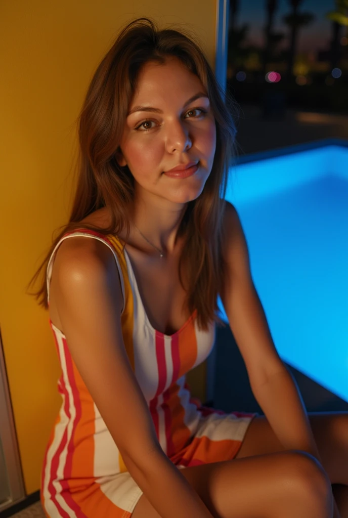 Léa Murino Jeune femme de 25 ans, Brune aux yeux bleus, dans une robe pull en résille, Épaules nues, Coupe-bas très sexy au bord d'une piscine dans une jolie maisonette récente refait avec des murs anciennes pierres 