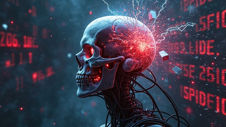 This image is a highly detailed, CGI-rendered digital artwork depicting a surreal, nightmarish scene. The subject is a monstrous, biomechanical entity, seemingly a fusion of biological and technological elements. The entity's head is a grotesque, pulsating brain-like mass, covered in a network of writhing, crimson tendrils that extend outward like veins or roots.