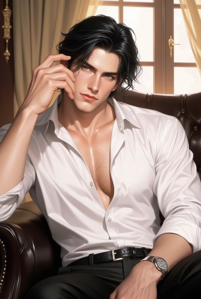 Wet Sexy man, male in a wet white shirt and tan pants sitting on a chair, big chest, handsome man, handsome guy, handsome stunning realistic, portrait of a handsome man, clothed in wet white shirt, sweat, ((best quality)), ((masterpiece)), (detailed)
