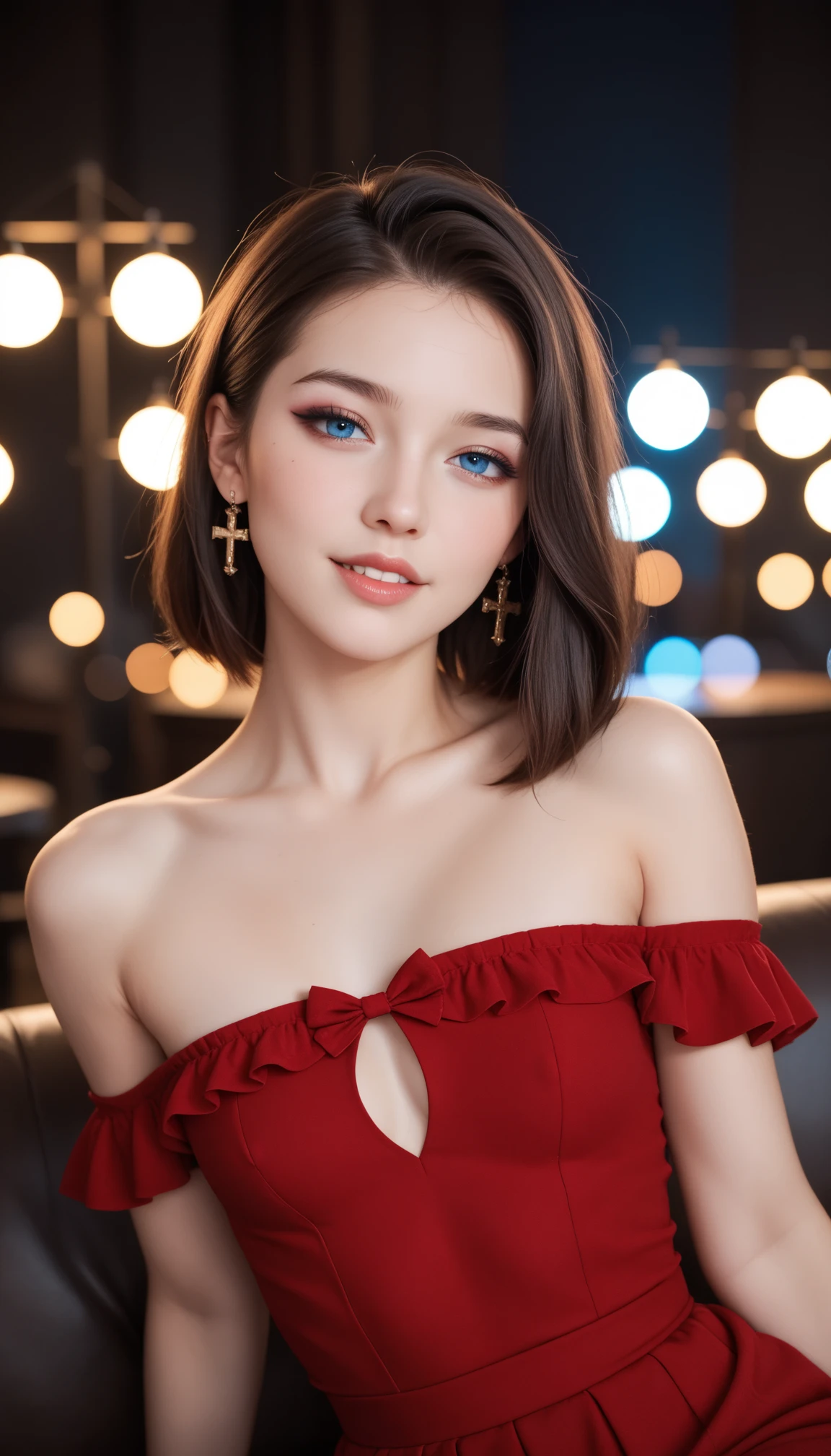 Hyper realistic, Beautiful, cute Face, 16 Years old russian lolita Girl, blue eyes, red lipstick, sensual Lipstick, (nude), Detailed Strapless white Gothic Dress, tiara, cleavage cutout, Rounded Breast,slightly Chubby , luxury necklace, White Skin, Smiling, Dark City Background, mid shot, upper body, Perfect Potrait, Bokeh Effect, Look at Viewer, Armpit, Perfect Eye, Perfect Hand, Perfect Finger, Bracelet, Ring, (breastssize:1.2), ((adorable:1.2)), ((masterpiece:1.1)), ((bokeh:1.2)),