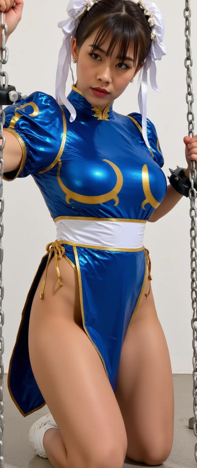 - [ ] Full body photo, photo, sharpness, unique 850 4, Koda850 k portrait camera, F1.6 lens, ultra-realistic textures, spectacular light textures, Cinestil 800 fashion mechanics, appearance, beautiful girl with accentuated slender abs: 1.4,Six Pack Abs: 1.4, Bust Botox,standing on tiptoe, long legs,brown hair, long hair, female warrior costume、((wearing a torn sheer costume of a superheroine)),(no no panties, no bra),sweating,wet,wet crotch,wet thighs,(futuristic sci-fi battle fashion,elbow and knee cyberpad, cyberglove: 1.1),((torn costume)),belly belly button visible,thin sheer costume,torn lower breast, shredded costumes,cyber long combat boots with golden knee pads,anatomical,(futuristic sci-fi battle fashion, cracked elbow and knee cyberpads, torn cyberlong boots, torn cybergloves: 1.1) ,Pain,(((tears flow, cry with pain)),((Wide prison with sunlight)),dark fantasy, peeling of the ceiling, broken slabs, rebar between cracks, realistic material details, extreme details, ultra-realistic materials, broken walls,blood、junkyard, blood splattered on the face, blood splattered, realistic, (bruises, dirty, ripped clothes, skimpy clothes, blood: 1.3), torn cloak, Torn pantyhose, restraint, ((straddling the iron bar)),(tied perfectly by iron chain), restraint, slave, collars, contempt, (chained), chains digging into the crotch, hands tied behind the back, invisible hands, ((4 chains hung from heaven)), metallic shackles and fetters, wet crotch clearly visible,((Both wrists are restrained above the head)), ((Left leg tied at the knee is suspended))), both hands and legs and neck are connected by five chains, chained from the left knee to heaven, Chained by rusty iron chains, ((((A thin metal drill from the crotch is stuck in the ground))), the left leg extends straight up without bending the knee,((chains over clothes)),broken golden shields and battle spears, golden shoulder armor and combat gloves, ((the tip is protruding, the areola protrudes, the shape of the pubic ar