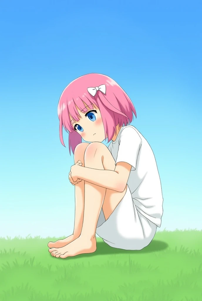 FZKZ, anime screencap, anime coloring, score_8_up, score_7_up, source_anime,rating_explicit,MS, 1girl, solo, retro artstyle, short hair, pink hair, brown eyes, sailor collar, blue long sleeve school shirt, grey plaid skirt, smile, looking at viewer, sitting on grass, spread legs, white panties, cameltoe, >:3,