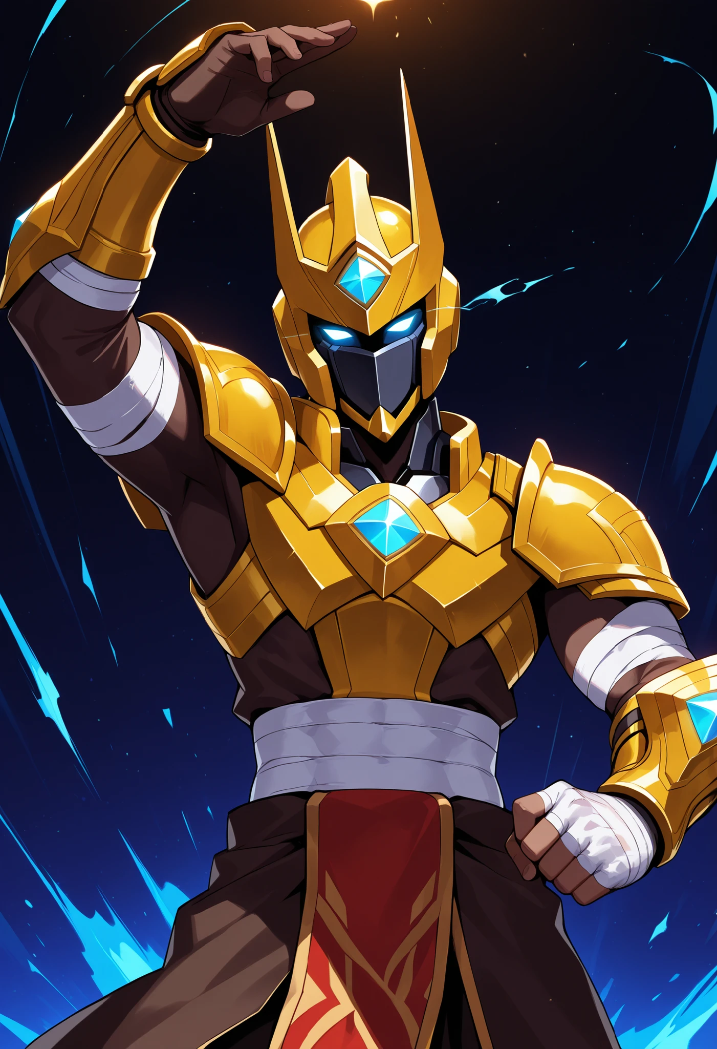 score_9, score_8_up, score_7_up, score_6_up, score_5_up, score_4_up, BREAK, nasuspdxl, 1boy, armor, helmet, bandages, loincloth, gauntlets, solo, male focus, blue eyes, glowing eyes, no pupils, colored sclera, dancing, happy, abstract background