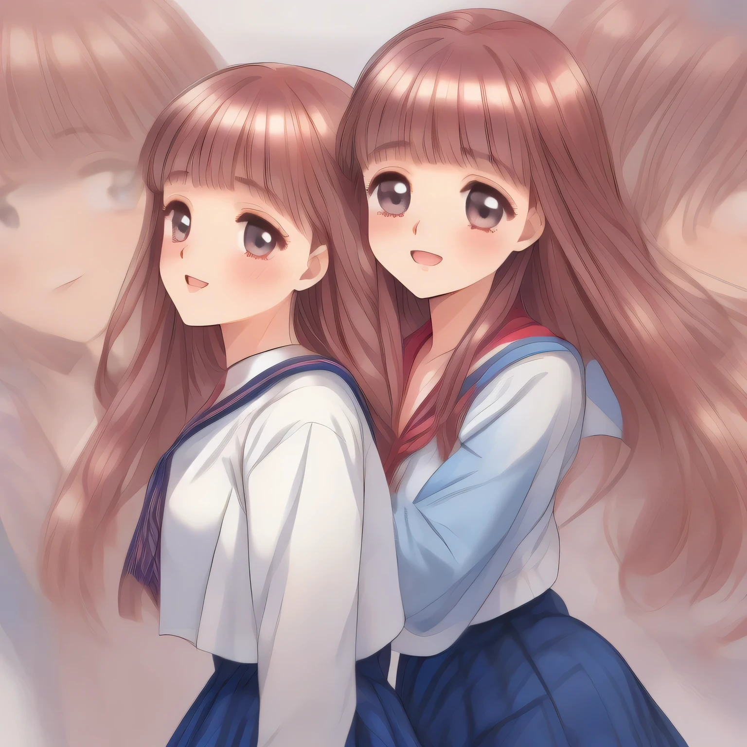 (highest quality, masterpiece:1.5), highest quality, High resolution, 1080p, 8K, (Too beautiful, neatest (beautifully grown) Tomoyo Daidoji and Mai Sakuragi, Girl's love-story comic heroine, ((Too much beloved)) noble grown beautiful beautiful lady with detailed, The daily vibrant journey to a prim-and-proper ladies' college, Demure atmosphere, controlling my mind and heart by her charm and uniform and skirt, telling me sweetest hypnotizing words, understands my deep hidden desire very well with her profound intelligence, giving too much pleasure to my sensitive one: 1.4), (laughing white face with unreal angelic beauty, overflowing with translucence: 1.0), (Pristine uniform, (Neatest (navy colored) sailor-style uniform and ((navy middle length plaid skirt)), navy collar, shiny-blue sailor scarf: 1.8)), (Too beautiful dreamy eyes and neatness charm me), (Giggling cohort background with many white lovely marks, clearly detailed foreground: 1.9), ((purity and neatness is very impressing): 1.8), (focus on her long hair and neat style, from side: 1.9), (Beautiful blue eyes), (shiny pink super-long wavy hair, braids-half-up), (golden ear accessories and pendant), (Diamond rings)