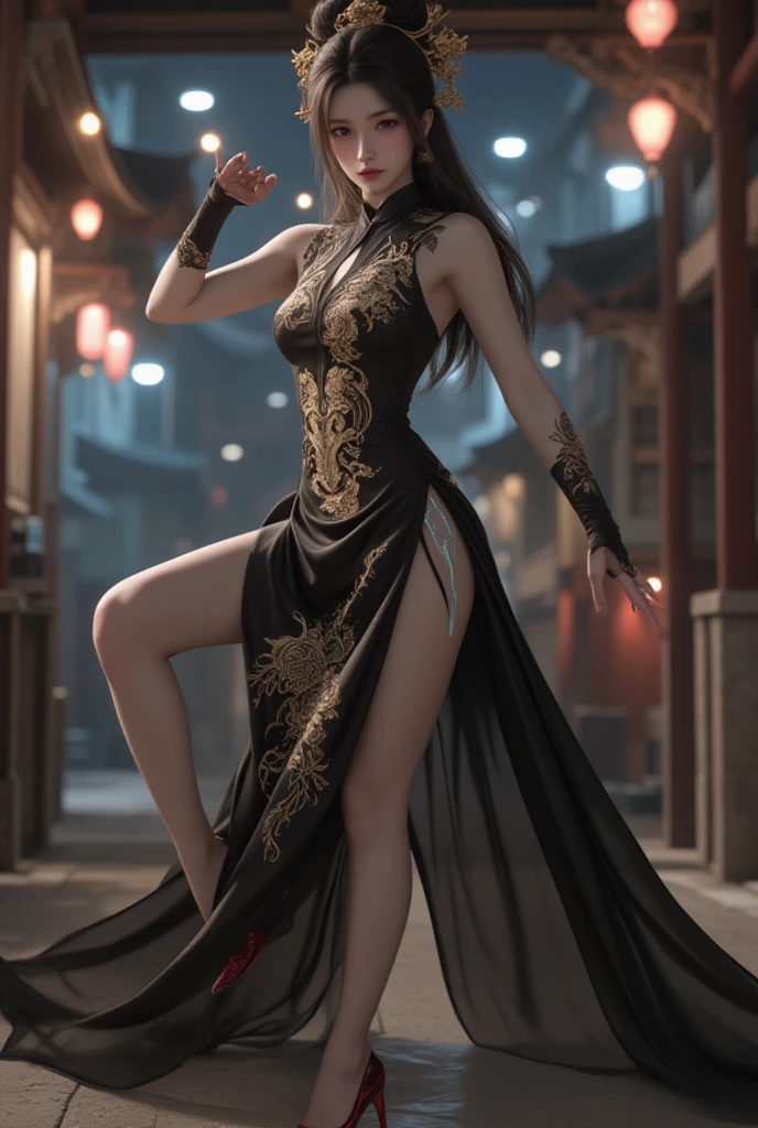 (masterpiece, best quality, beautiful modelshoot:1.4) of a stunning 25yo chinese 1girl, (full body view:1.6), (seductive pose:1.2), breasts:1.2, solo:1.5, navel, long black hair, sidebangs, bare shoulders, (perfect face, perfect eyes, insanely beautiful face, perfect hands, beautiful fingers:1.5), (happy smile:1.2), hanfu, (looking at viewer:1.6), busy street background, colorful, highly detailed, ultra realistic, deep field of depth, (sharp focus:1.6), insanely intricate, 8k
