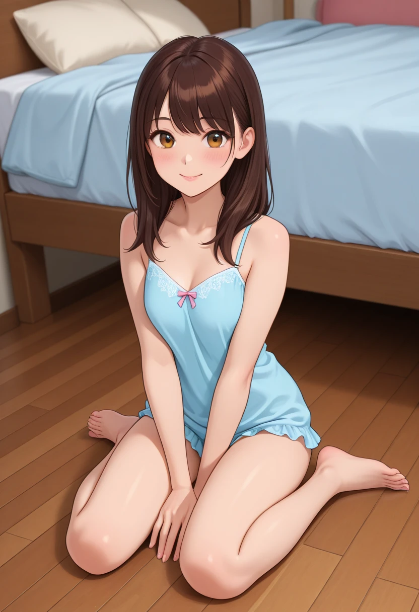 best quality, insanely detailed, nino nakano, breasts, blush, bedroom background, looking at viewer, pussy, one-piece swimsuit, cheerful eye, Gymnastics leg spread, pantyhose