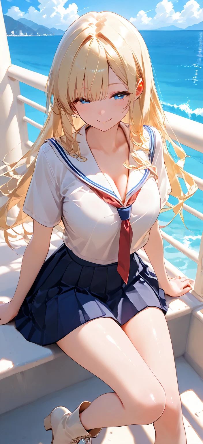 1 lady, HD quality, anime, solo full body shot, (sitting with hands back:1.3), (open legs to limit:1.5), (with one knee up:1.3), showing  pubic area:, (under boob:1.6), Large breasts, (cleavage), shiny skin, smiling, (thin thighs:1.3), (Sailor uniform only for the upper body:1.5), (Crop Top sheer  white shirt:1.5), (sleeveless:1.6), without brassiere, (sheer white tiny micro thong:1.5), poolside, (Green detailed eyes), blue sailor collar, red ribbon tie