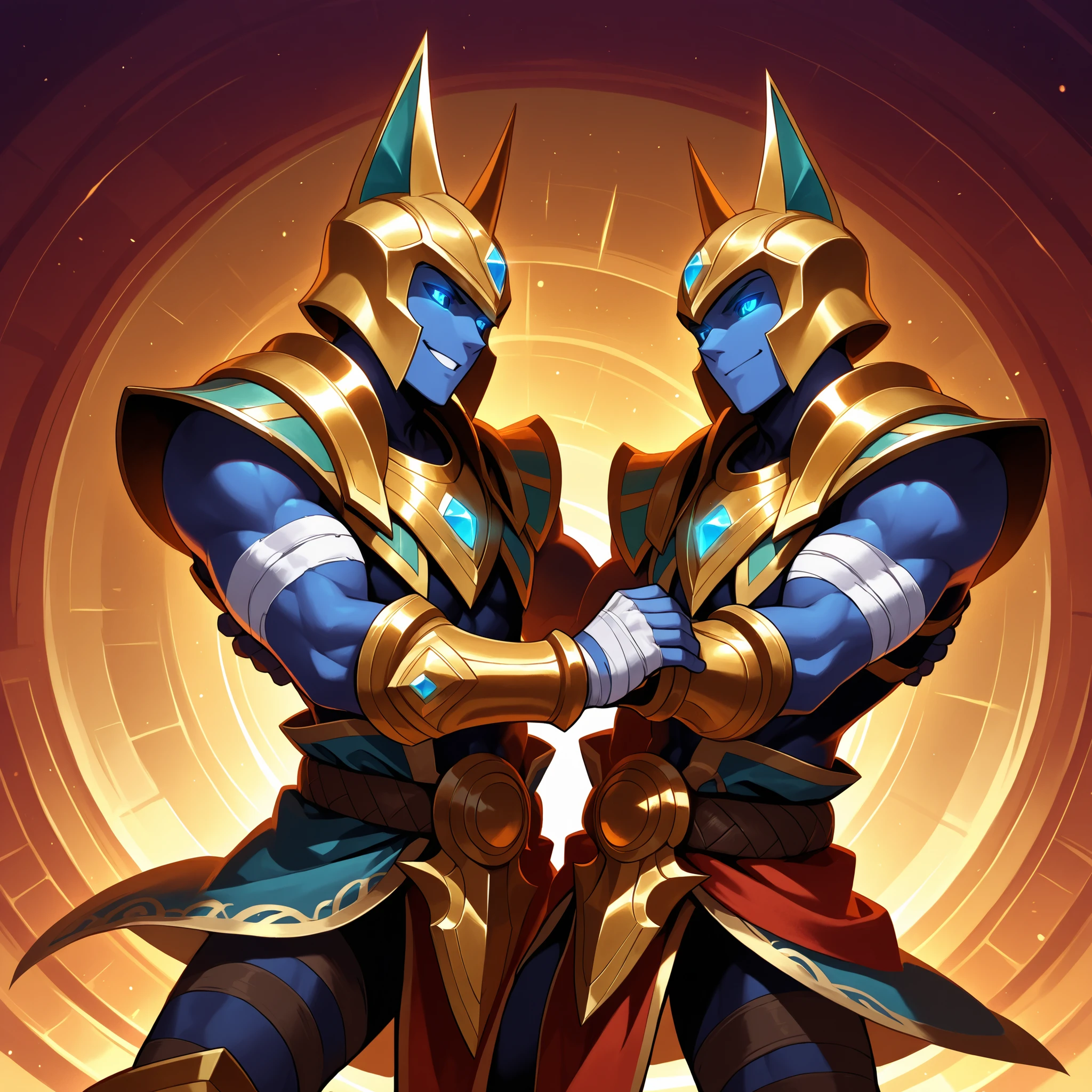 nasuspdxl, male, armor, helmet, bandages, loincloth, gauntlets, blue eyes, glowing eyes, colored sclera, dancing, happy, abstract background