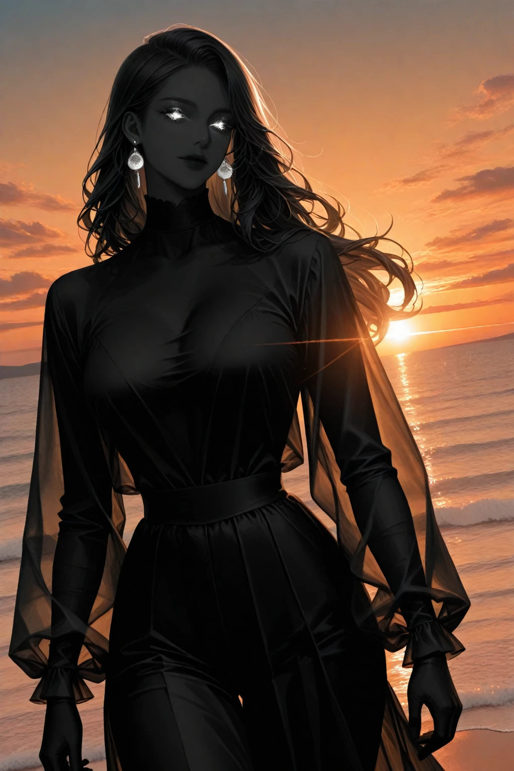 (Highest quality,4K,High resolution,masterpiece:1.2),Super detailed,(Realistic:1.37),Black Death,(beautiful:1.1 Description:1.1) eye,(sharp focus),(Vibrant colors),Grim Reaper in a black cloak,(beautiful detailed lips,sharp,Sophisticated),Scythe lightly々and swing it around,(Sexy pose),At the Beach,Waves crashing in the background,(Dramatic lighting),She raised her gloved hands gracefully in the air,Creating a striking silhouette against the setting sun.Background white