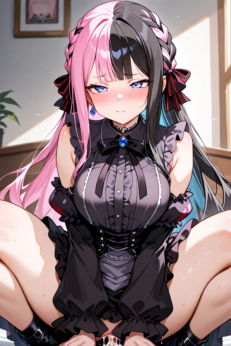((masterpiece、Highest quality、Super detailed)、((One person))、((Pink Hair))、((Twin tails))、((Light blue eyes))、evil smile、((Grin))、((lots of piercings))、((Very large breasts))、((black bra))、((corset))、((black panties))、garter straps、high heels、kneeling、((Sweat))、((handjob))、((2boys))、((penis))、((Dimly lit room))、Brick wall background
