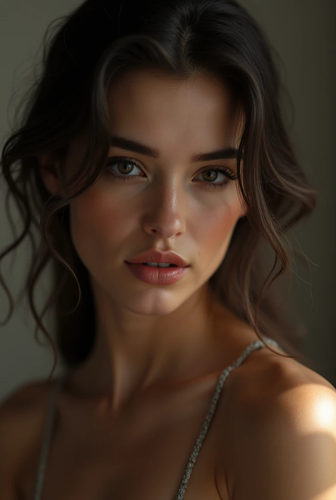 sexy brunette woman, sheer robe, detailed face, beautiful eyes, soft lips, elegant pose, lying in bed, soft skin, natural light, dramatic light, very detailed, photorealistic, 8K, hyperrealistic, dramatic colors, ethereal, mystical, atmospheric, intricate details, glowing skin, captivating expression