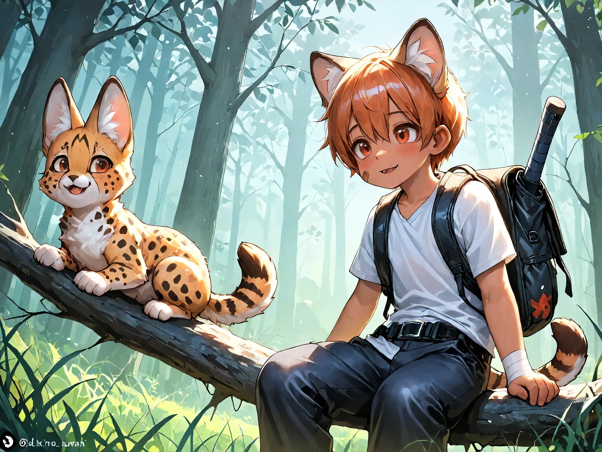 (High CT quality,4k,High resolution,main piece:2.3),Very detailed,Realistic:1.37,Best quality,masterpiece, high resolution,on_body, Tyndall effect,photorealistic, Edge lighting, Two-color lighting,(high definition skin:2.3), (8K UHD, DSLR quality, soft lighting, high quality, surround lighting, sincere, de 8K , 4K, 8K.) (1 MALE character ,little boy child, young boy) little boy Neko , he is a cat beastman. He has a petite build, tanned skin . He has bandages on shins and wrists and his feet and palms look like feline paws with claws. He has a long spotted tail with a black tip. he has serval ears on his head with black tassels at the ends. He has short fluffy cream-brown-orange hair with a shortcut and long side bangs strands. He has red-brown eyes. He is wearing a short-sleeve loose-fitting shirt, a leather vest, and knee-length trousers. He has a small adventurer's backpack on his back, and on his belt is a pouch and a scabbard for a small hunting knife. On the background : a dead forest, a rotten swamp, dry trees and rotting stumps on which black toadstools grow, tall dry grass and muddy swamp water are everywhere. Crows are sitting on dry branches. fogy rainy weather.