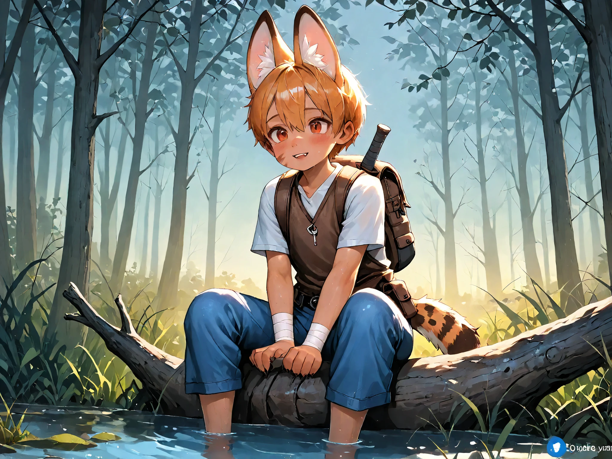 (High CT quality,4k,High resolution,main piece:2.3),Very detailed,Realistic:1.37,Best quality,masterpiece, high resolution,on_body, Tyndall effect,photorealistic, Edge lighting, Two-color lighting,(high definition skin:2.3), (8K UHD, DSLR quality, soft lighting, high quality, surround lighting, sincere, de 8K , 4K, 8K.) (1 MALE character ,little boy child, young boy) little boy Neko , he is a cat beastman. He has a petite build, tanned skin . He has bandages on shins and wrists and his feet and palms look like feline paws with claws. He has a long spotted tail with a black tip. he has serval ears on his head with black tassels at the ends. He has short fluffy cream-brown-orange hair with a shortcut and long side bangs strands. He has red-brown eyes. He is wearing a short-sleeve loose-fitting shirt, a leather vest, and knee-length trousers. He has a small adventurer's backpack on his back, and on his belt is a pouch and a scabbard for a small hunting knife. On the background : a dead forest, a rotten swamp, dry trees and rotting stumps on which black toadstools grow, tall dry grass and muddy swamp water are everywhere. Crows are sitting on dry branches. fogy rainy weather.