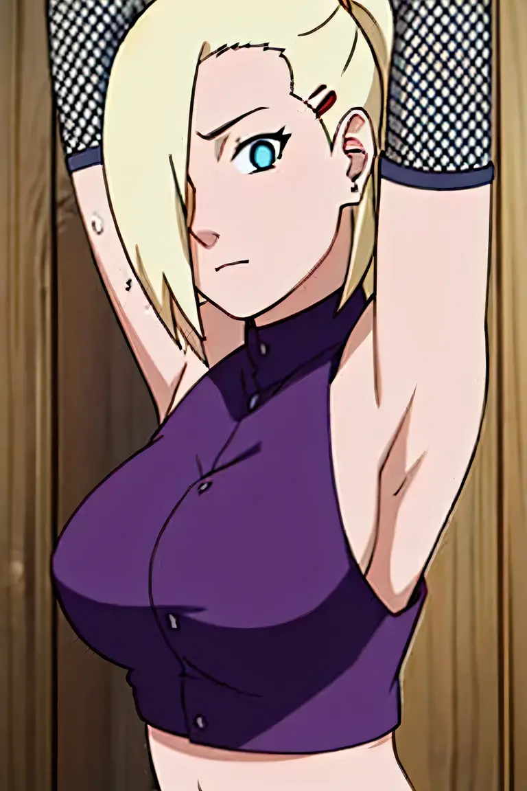 ino yamanaka, ino shippuden, armpits, showing armpits, arms behind head, posing, hair over one eye, high ponytail, blue eyes, masterpiece, solo, 1girl, sleeveless, purple crop top, fishnets, bare shoulders, upper body, looking_at_viewer, sniffing own armpit